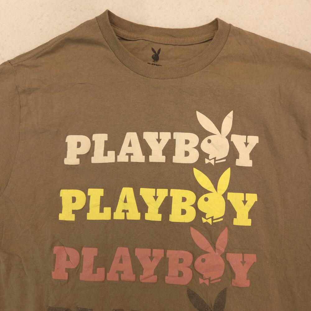 Playboy Graphic Short Sleeve Crew Neck T Shirt Mens Size Medium M Brown Yellow